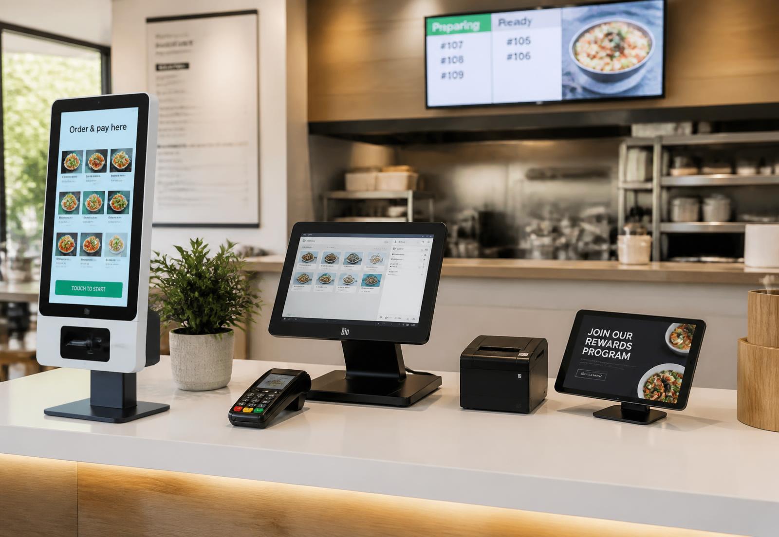 Comptoir de commerce équipé : caisse tactile, borne de commande, terminal de paiement, imprimante et écran cuisine